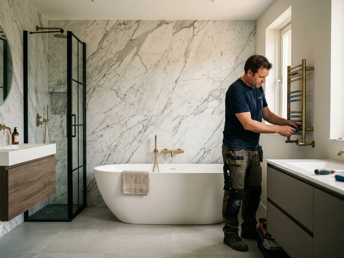 Afgewerkte luxe badkamer met vrijstaand bad en marmeren wandtegels gerealiseerd door Sanitair Land