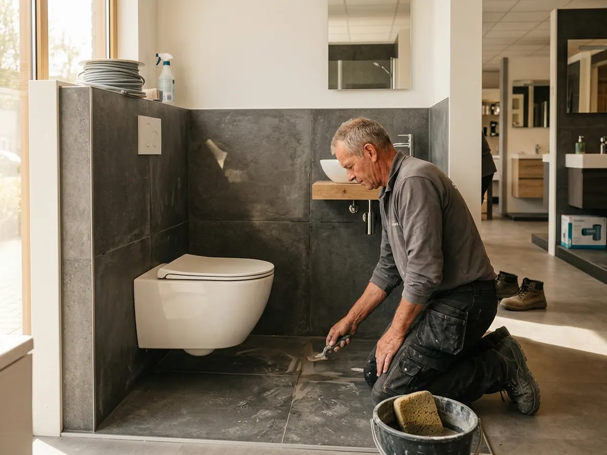 Antraciet betonlook keramische tegels voor een strak toiletinterieur
