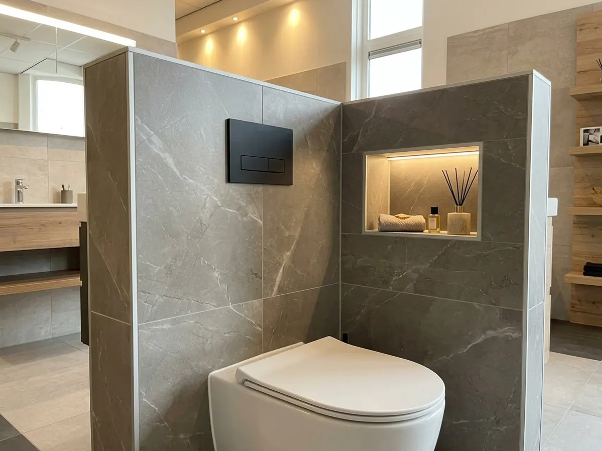 Strak tegelwerk detail in toilet met verzonken nis en naadloze kitnaden