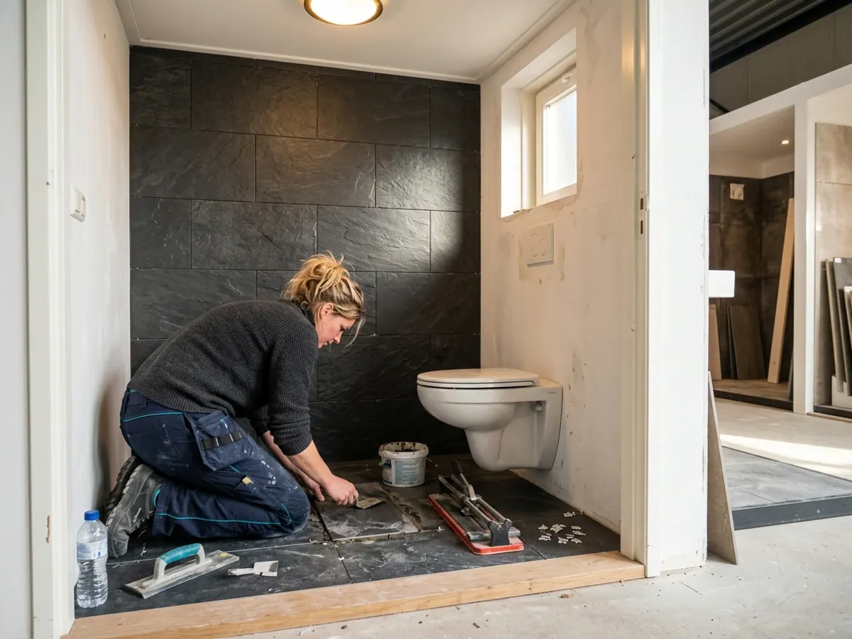 Donkere leisteenlook tegel voor een krachtig contrast in het toilet