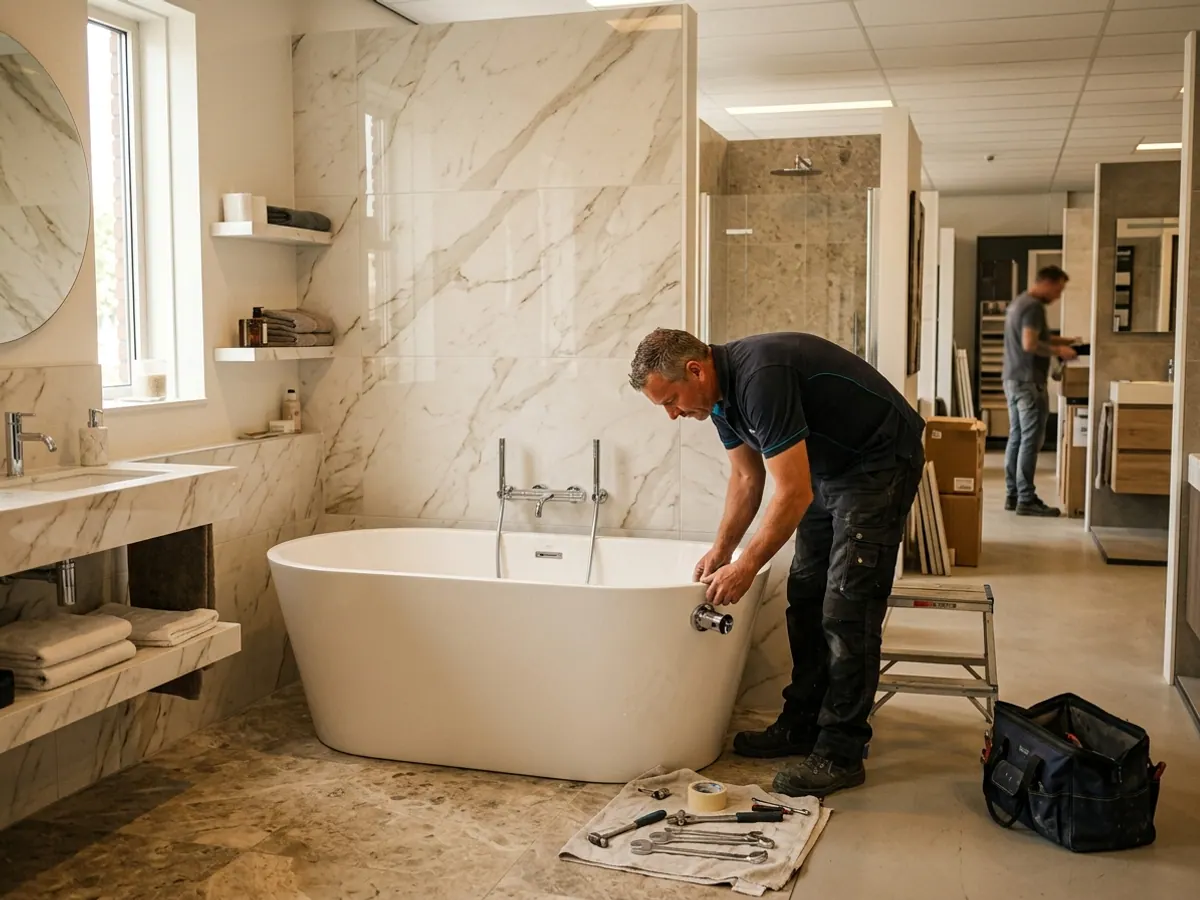 Luxe badkameropstelling met vrijstaand ligbad, marmerlook wandtegels en kwalitatieve afwerking