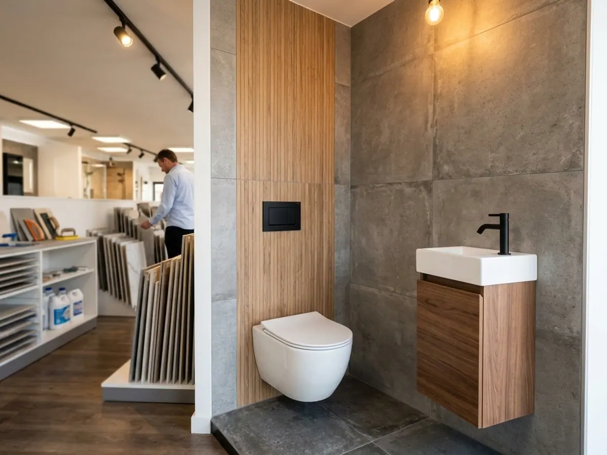 Modern gerenoveerd zwevend toilet met strakke tegels en fonteinmeubel