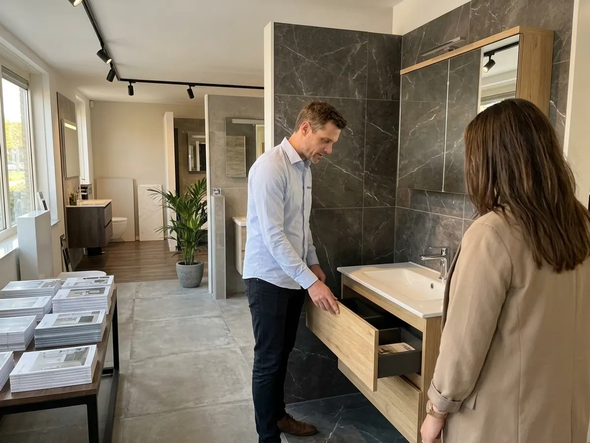 Mannelijke adviseur toont een badkamermeubel met wastafel en kraan aan een klant in de showroom van Sanitair Land