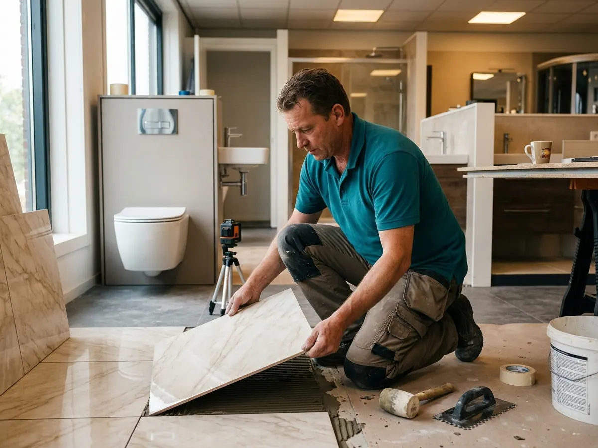 Marmerlook tegel met warme beige tinten voor luxe toiletinrichting