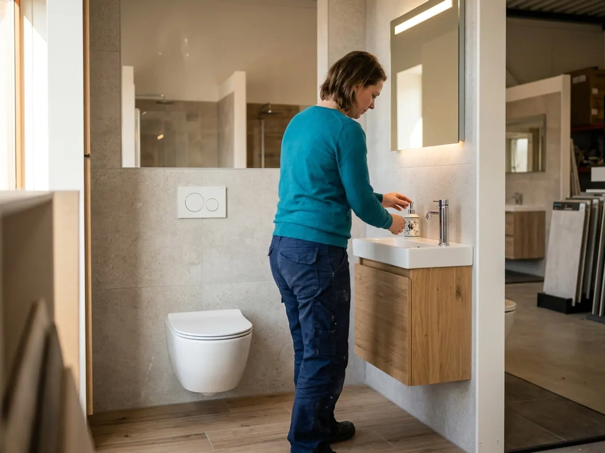Modern afgewerkt toilet met zwevend toilet, fonteinmeubel en lichte wandtegels