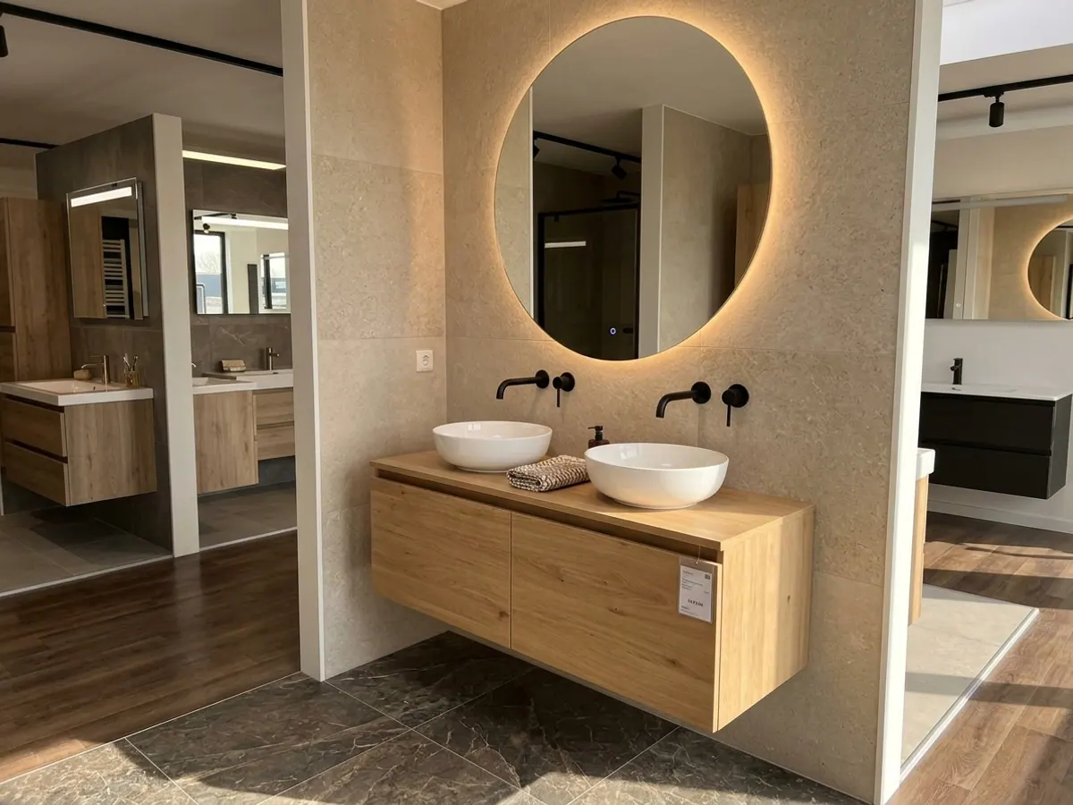 Modern badkamermeubel met eikenhout en ronde spiegel in de showroom