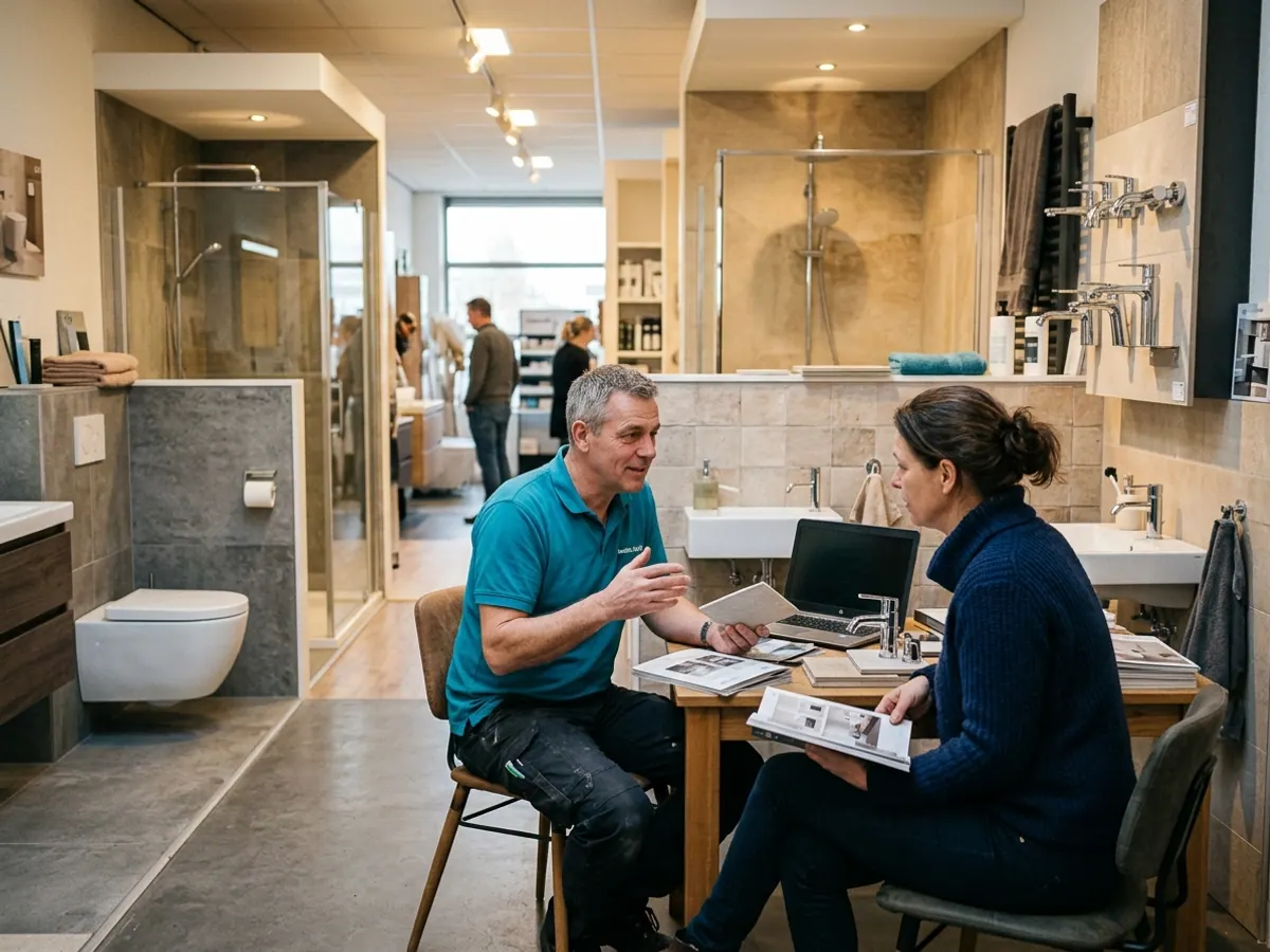Persoonlijk adviesgesprek over kranen en badkamermeubels in de showroom van Sanitair Land