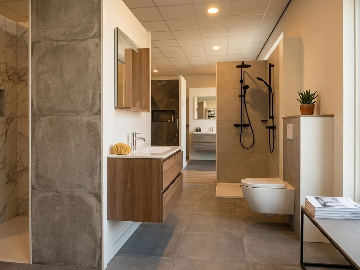 Showroom Sanitair Land met displays van tegels, sanitair en badkamermeubels