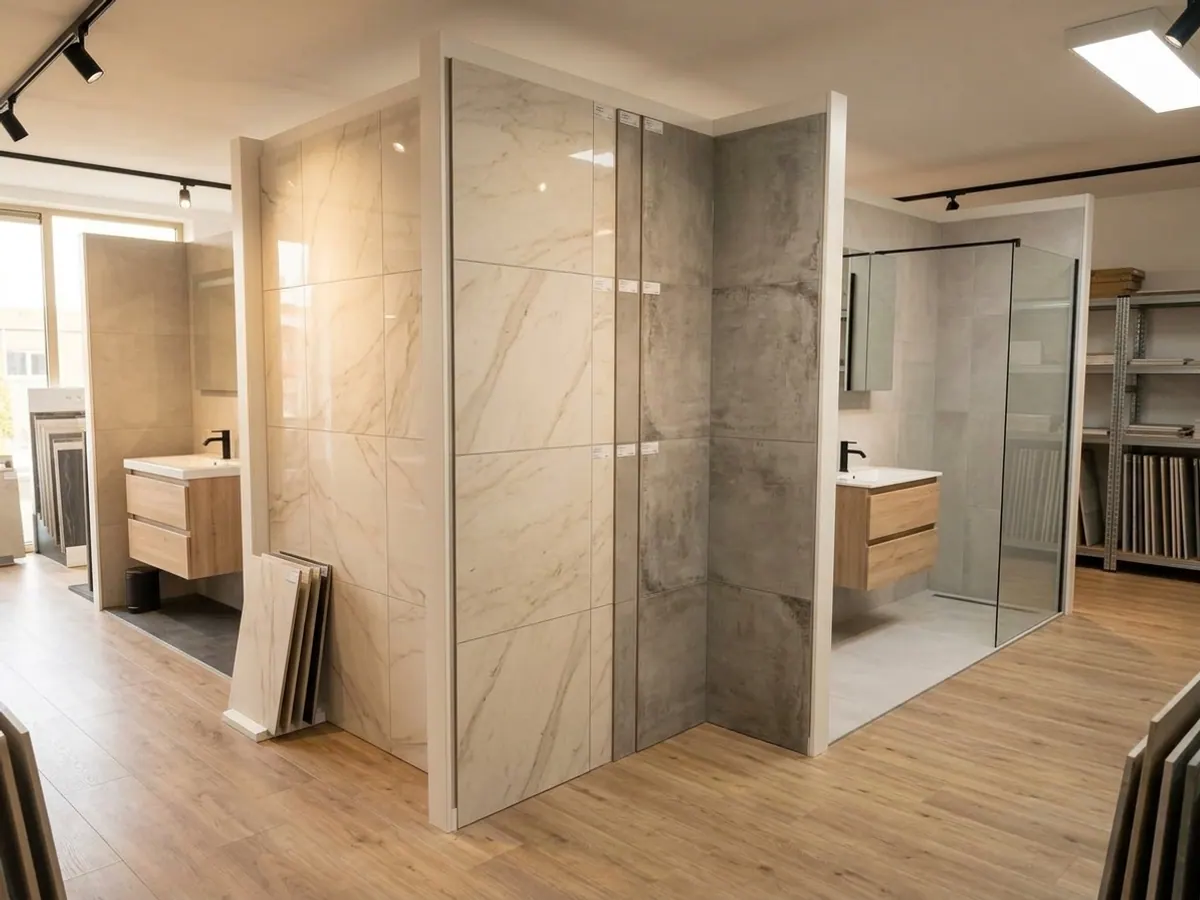 Tegelcollectie op display in de showroom van Sanitair Land