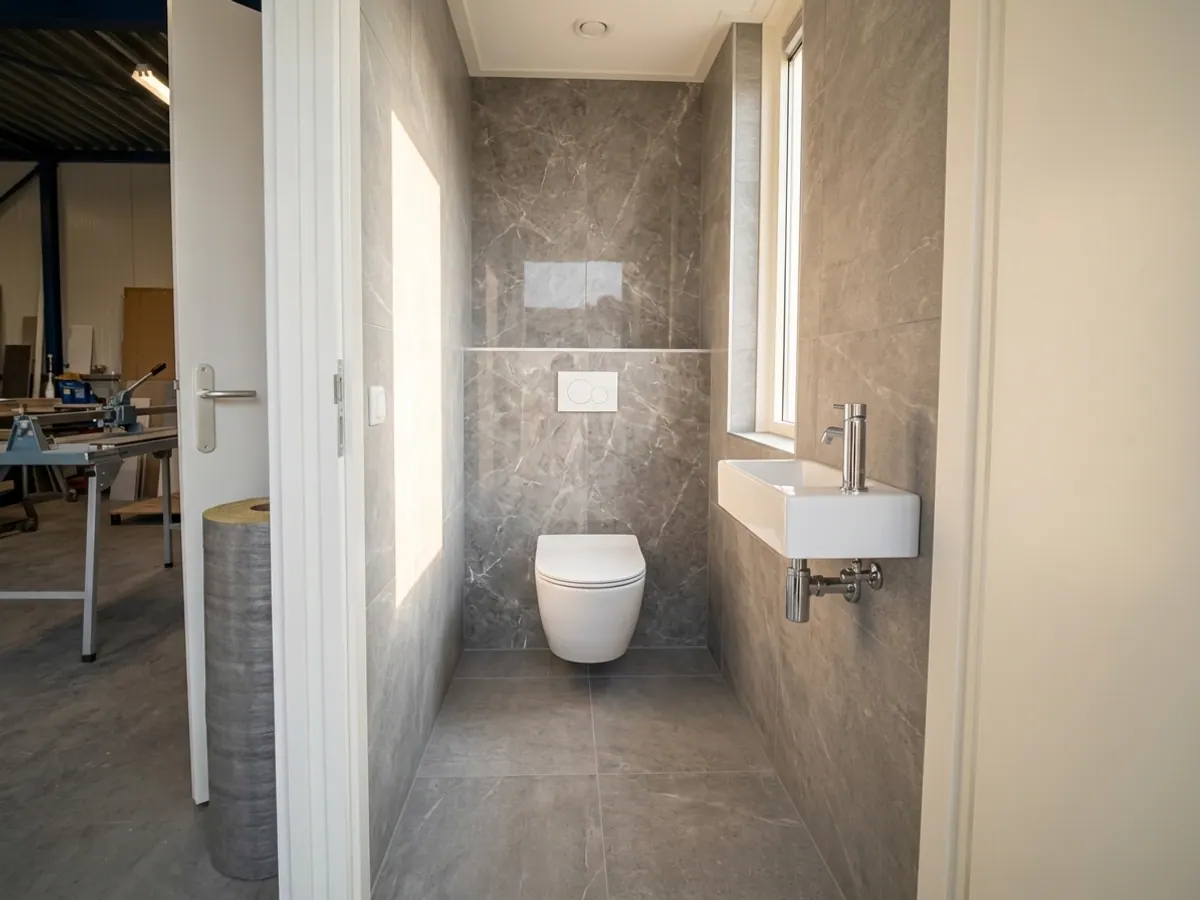 Modern gerenoveerde toiletruimte met strak tegelwerk en hangend closet