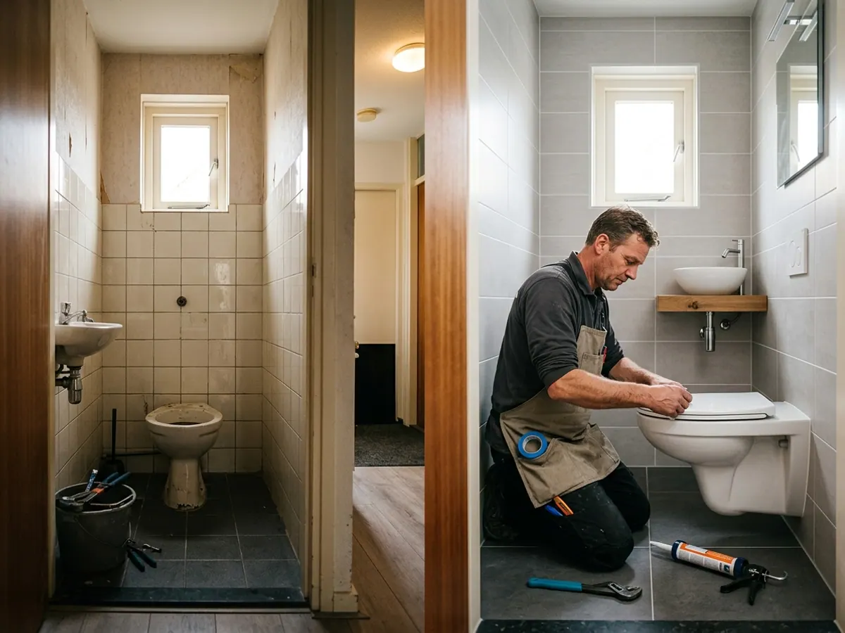 Voor en na resultaat van een toiletrenovatie met nieuw tegelwerk
