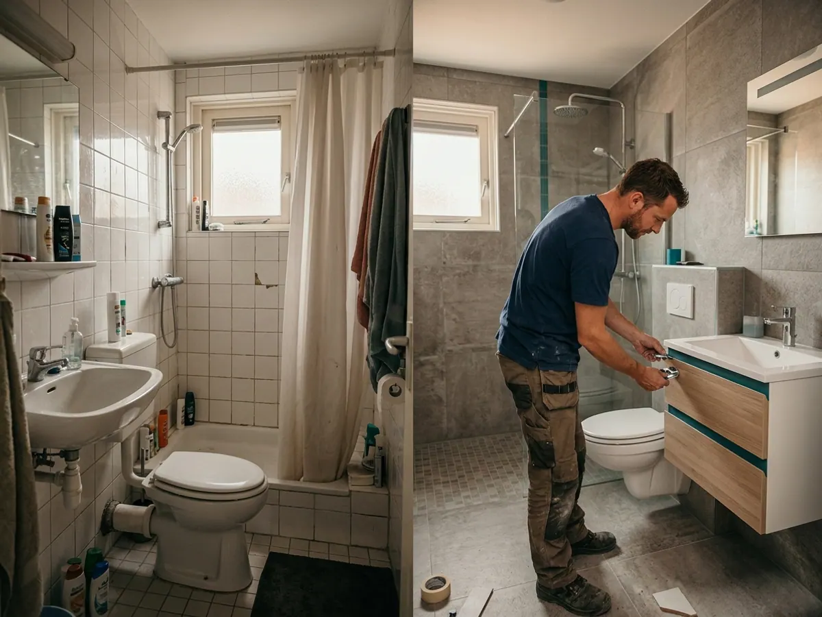 Voor en na vergelijking van een complete badkamerrenovatie door Sanitair Land